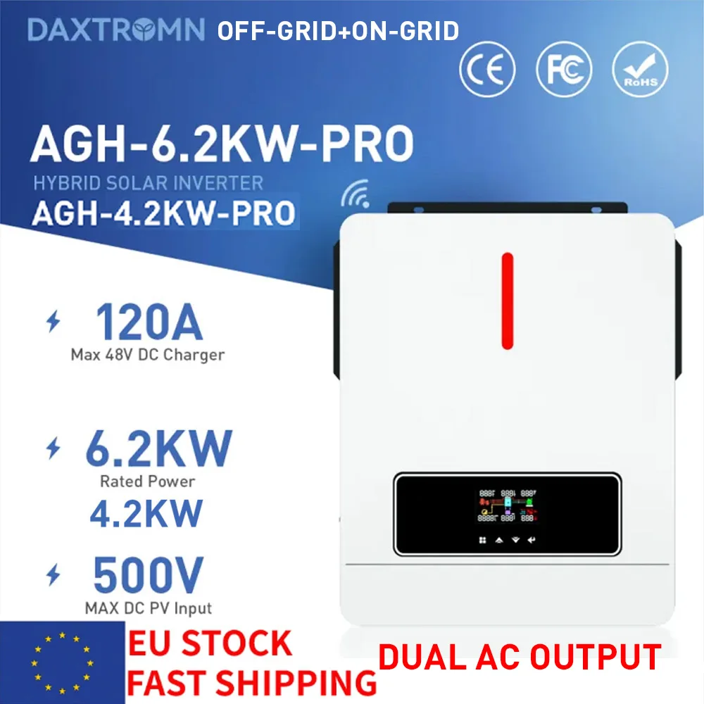 daxtromn 6200w 4200w inversor solar hibrido 62kw mppt 120a 500vdc entrada fotovoltaica 220vac 24vdc 48vdc 42kw 62kw inversor solar hibrido 01