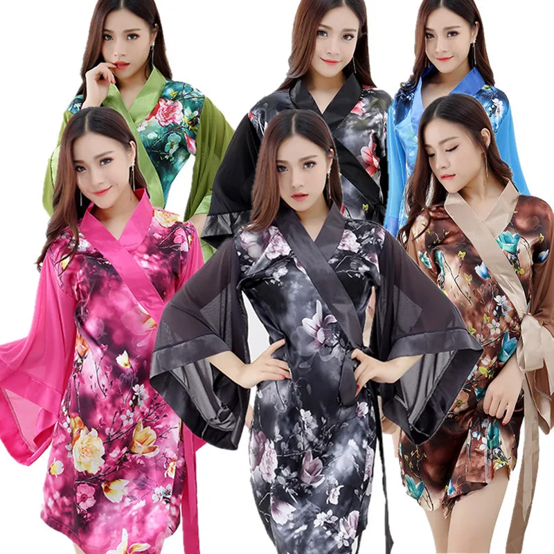 Japanese Style Kimono Femme Sexy Silk Yukata Obi Embroidery Printing Women Tunic Elegant Pajamas Sleepwear Medium and Long Dress