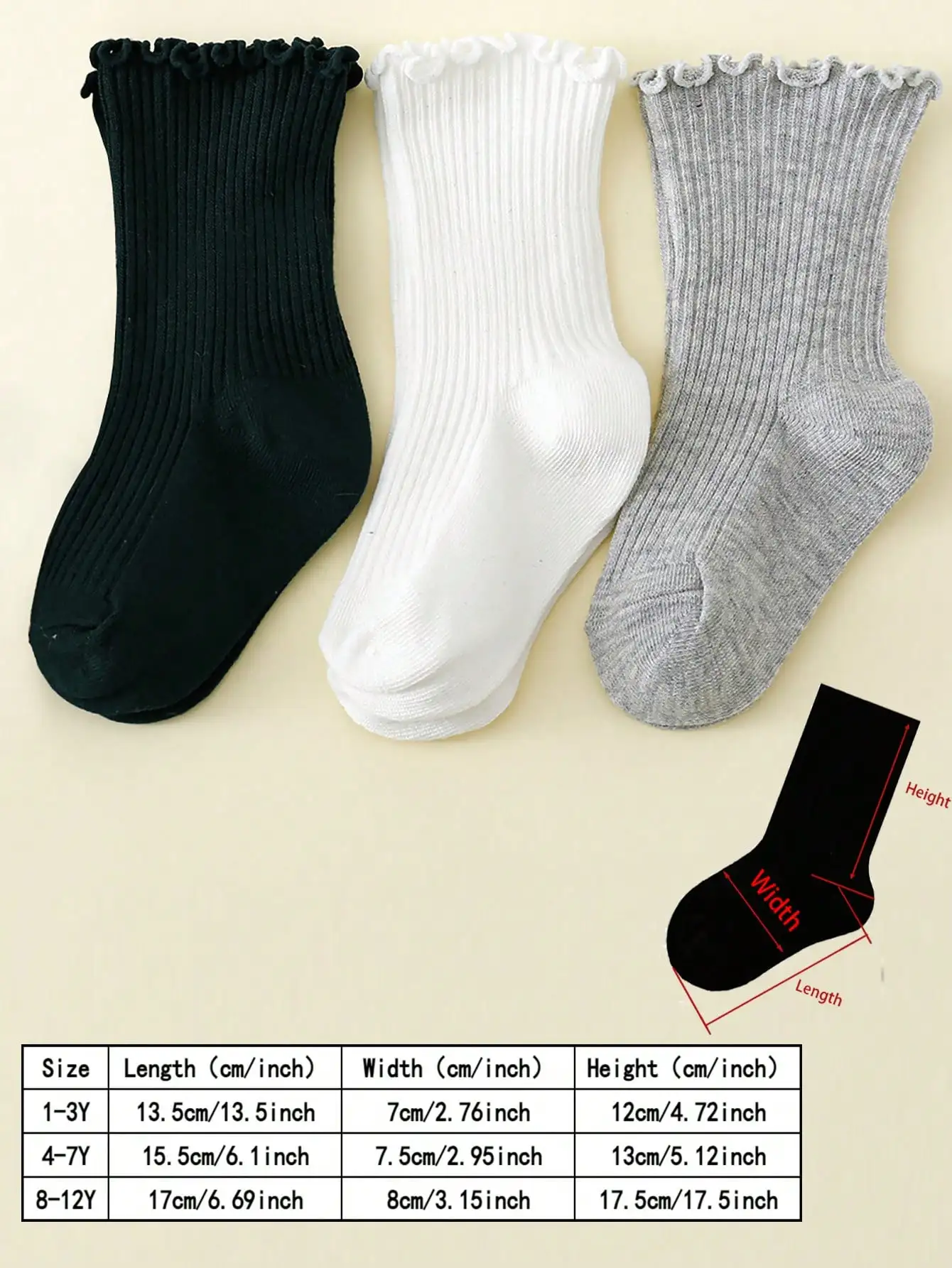 3 Paar einfarbige Kleinkindsocken mit Rüschenbündchen, gerippte, atmungsaktive mittelhohe Mädchensocken, weiche, dehnbare Kinder-Freizeitsocken für alle Jahreszeiten, für 1–12 Jahre – Detail 2
