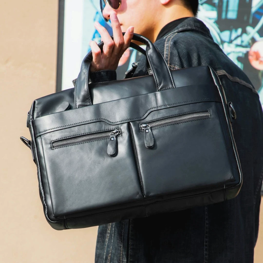 أسود الأعمال حقيبة جلد البقر الحقيقي سعة كبيرة رجل حقيبة كمبيوتر محمول جلد طبيعي متعددة الوظائف الذكور حمل أو حقيبة كتف