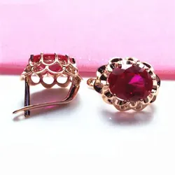 585 purple gold inlaid 14K rose gold ruby flowers earrings for women fashion luxury exquisite charm wedding jewelry