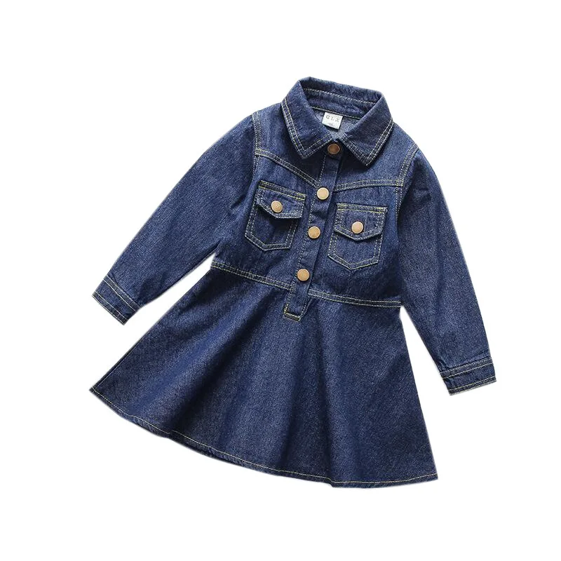 Girls Denim Dress Fall New Small And Medium-Sized Fashion Kids Clothing Long Sleeve Lapel Pocket Children Single-Breasted Dress