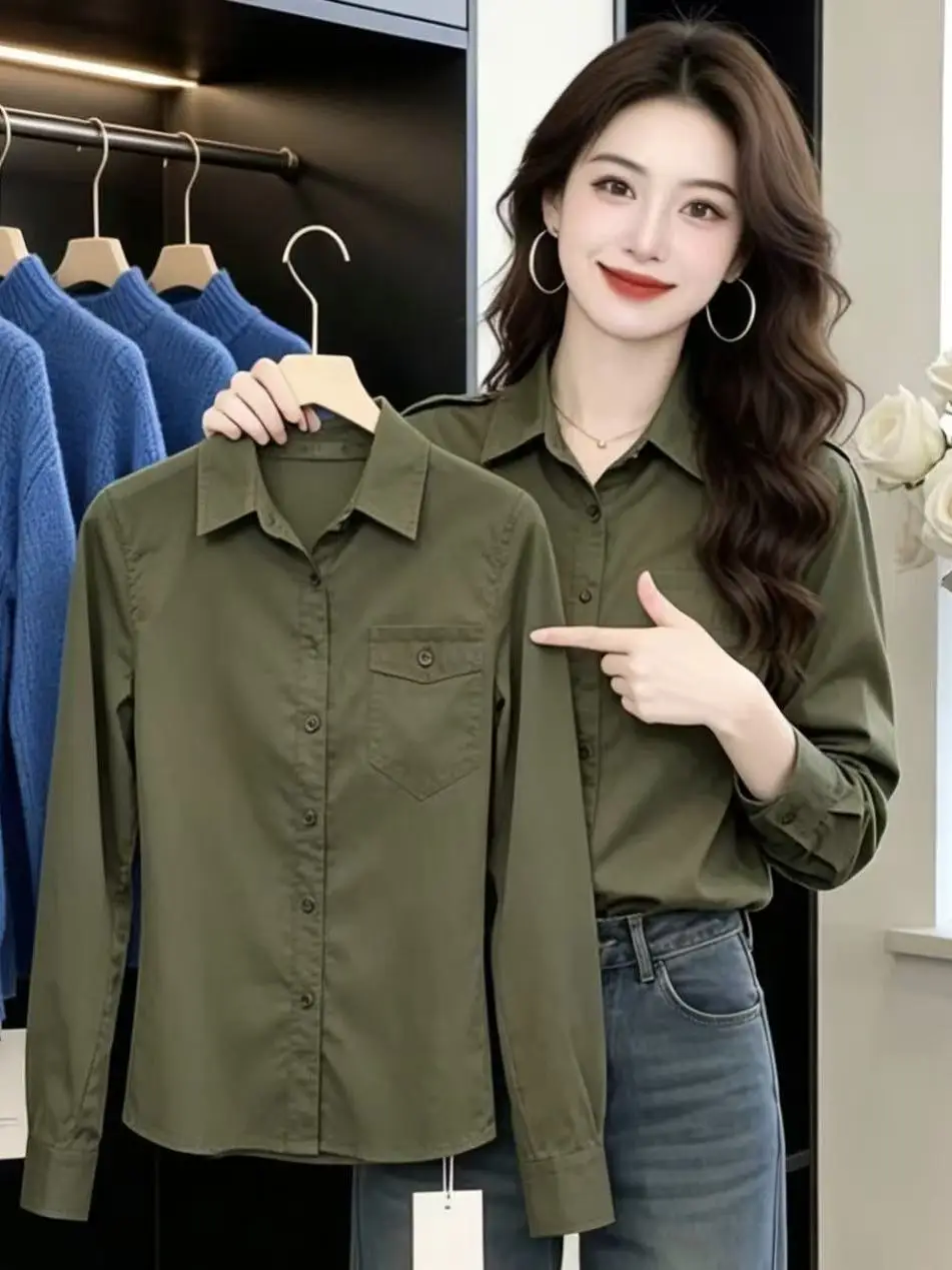 Camisa Elegante de Manga Larga Holgada para Mujer, Estilo Urbano Moderno, Verde Militar, Primavera Otoño, Nueva Llegada, Versátil y Estilizadora