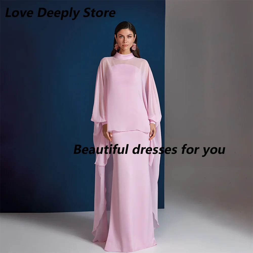 Pink Evening Dress Customized High Neck Long Sleeves Pleat Chiffon Floor Length Arabian Prom Gown Saud Party Dresses