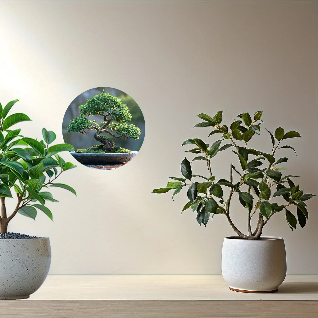Waterproof Aluminum Art Set with 1pc Bonsai Tree Circular Wall Decor, 8x8 Inch Greenery Themed High-Definition Metal