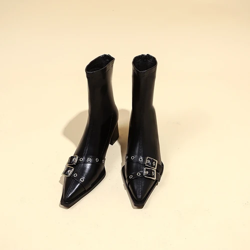 발목 스퀘어 힐 모던 부츠, 용수철/가을 지퍼 여성 신발, 2024 패션 포인트 토 미드 힐, 솔리드 노벨티 여성 부츠  Best5