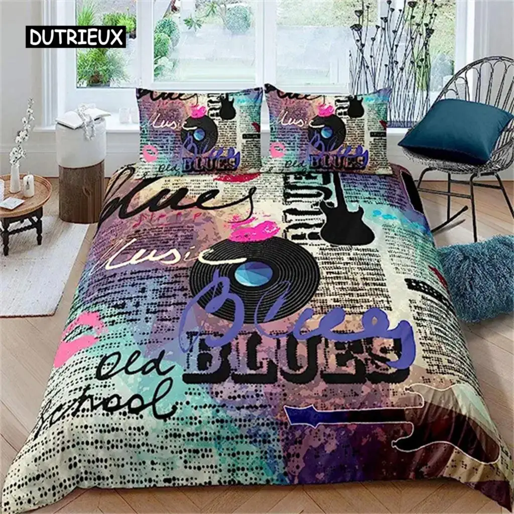 

Music Bedding Set Vintage Blues Comforter Cover Old School Guitar Records Duvet Cover With 2 Pillowcases Queen Size Room Decor