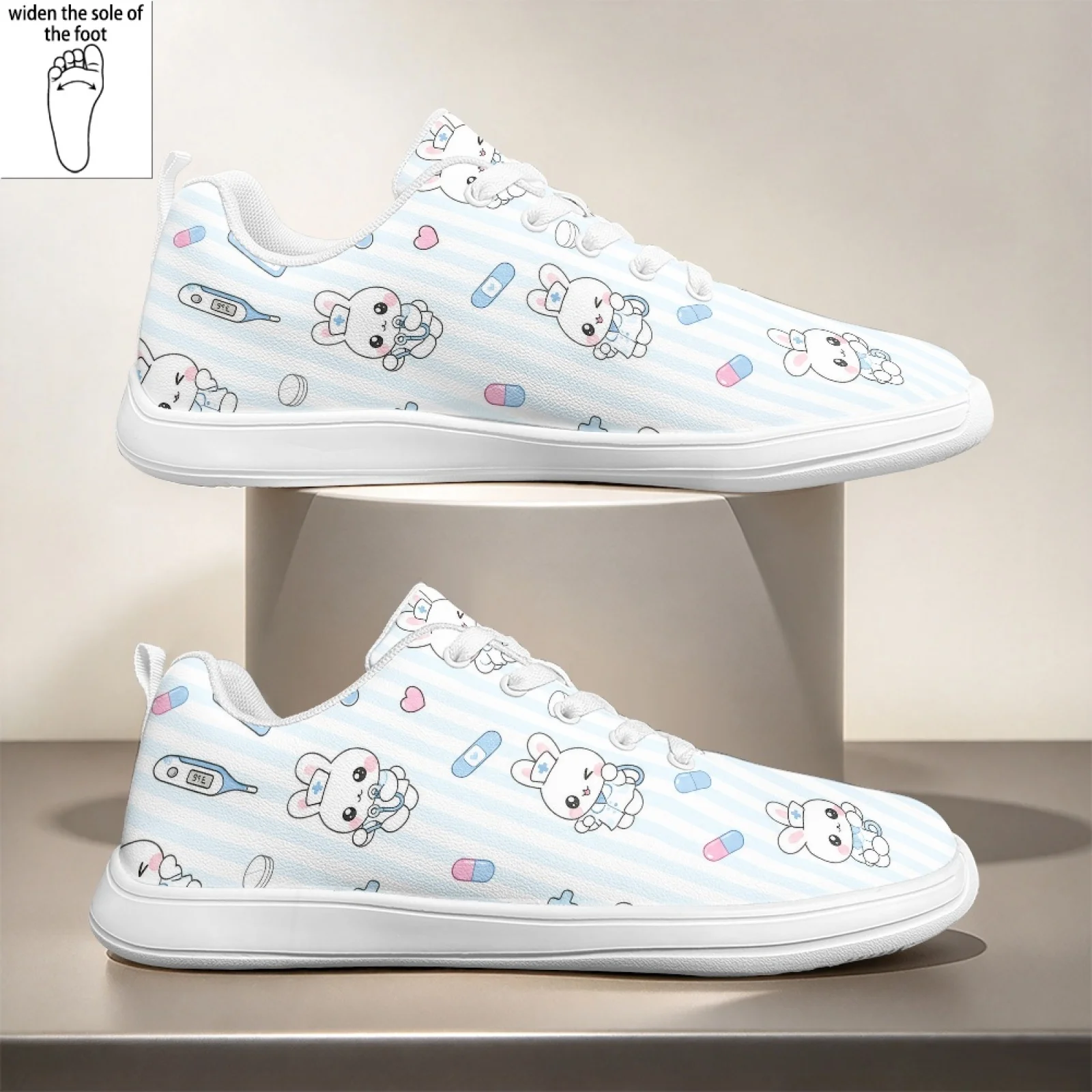 PENSTROLL Cute Nurse Bunny Print Grip Sole Wide Width Work Sneakers Nursing Shoes for Women Everyday Wear Standing