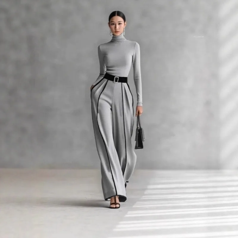 

Осенне-зимний новый повседневный комплект женской одежды: брюки и топ с высоким воротником, в полоску, с цветными вставками, изысканный и простой дизайн.