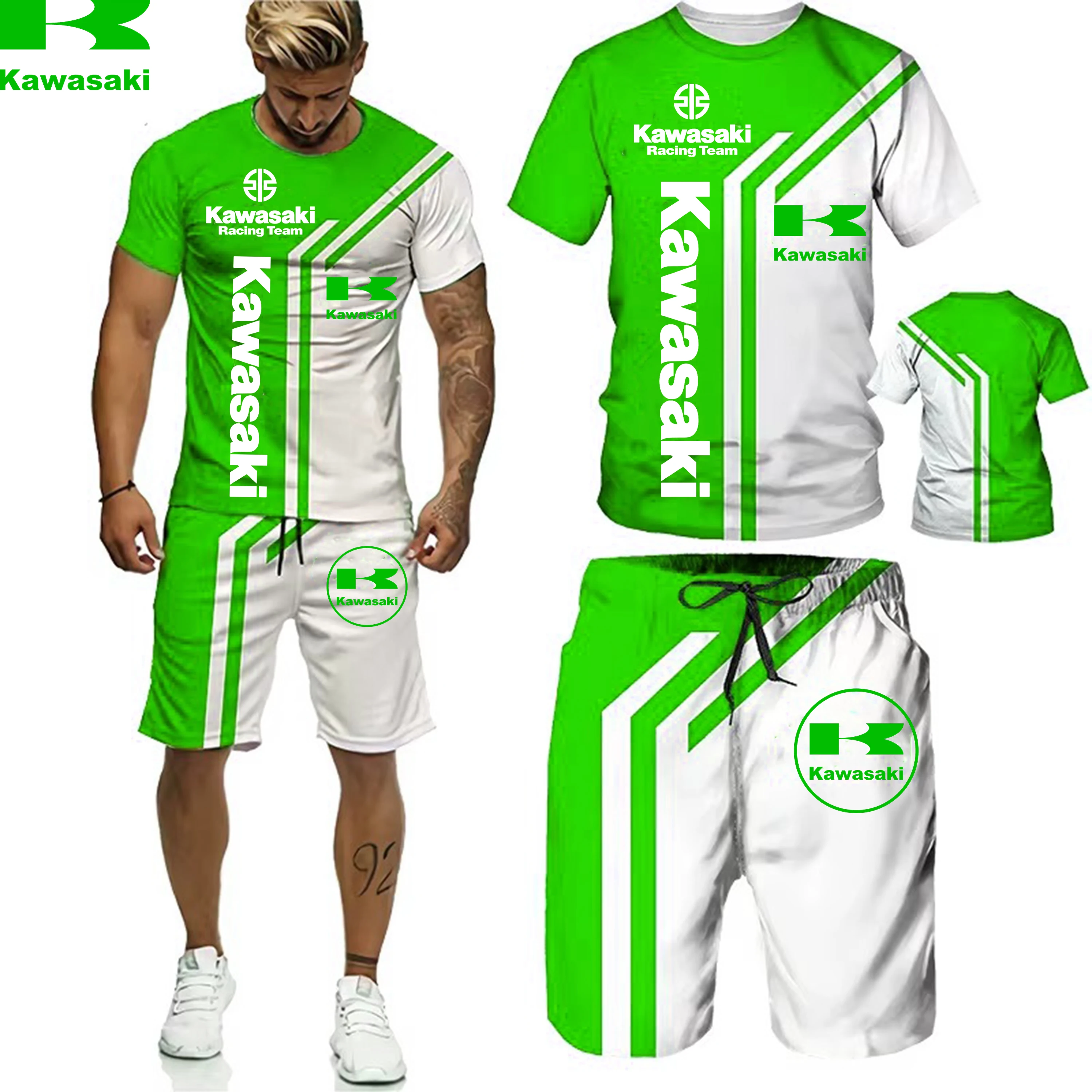 ฤดูร้อนใหม่ Kawasaki Racing 3D พิมพ์ผู้ชายเสื้อยืดกางเกงขาสั้นกีฬารอบคอแขนสั้นชุดผู้ใหญ่ Breathable 2 ชิ้นชุด