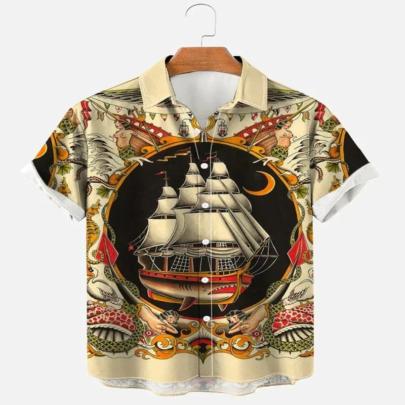 Retro Sailor Boat Hawaiian Shirt 3D All Over Printed Hawaiian Shirt for Men and Women Casual Shirt Unisex