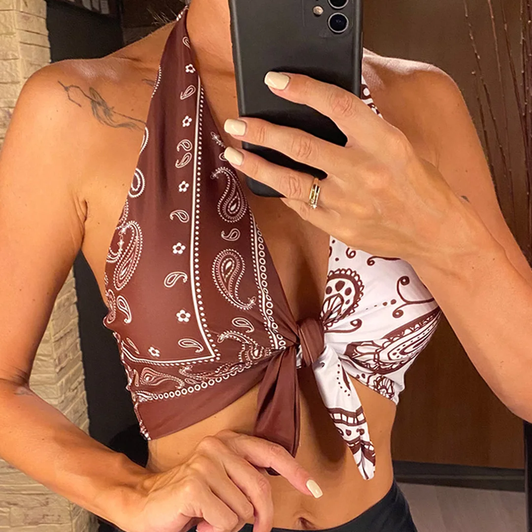 XS - L Sexy bedrucktes, gespleißtes Neckholder-Bikini-Oberteil mit Knoten, Damen-Badeanzug, Badebekleidung, Badeanzug, Strand-Oberteil V5817 – Detail 5