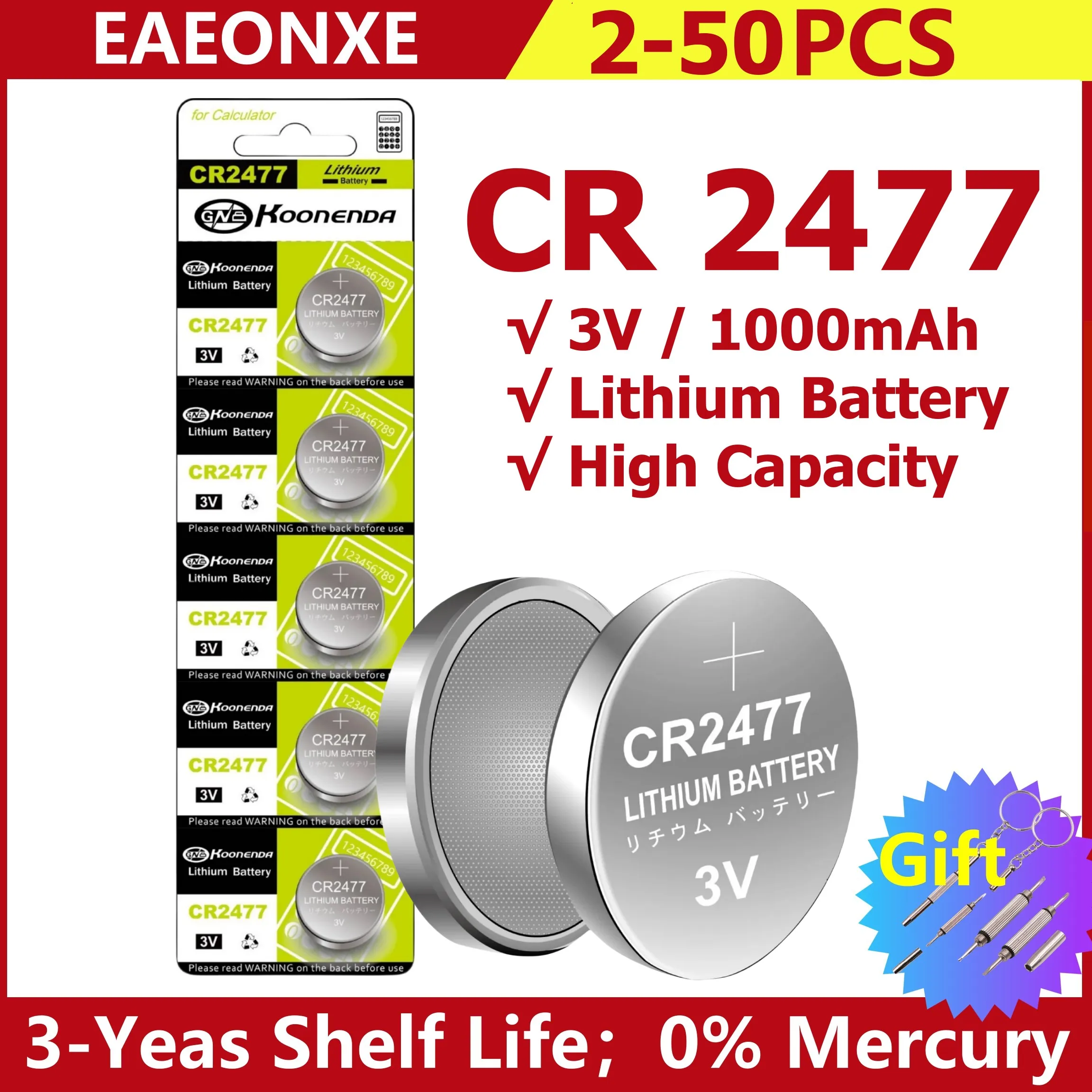 Pilas de botón CR2477 de alta capacidad, 2-50 piezas, 2477 baterías de reloj para calculadora remota, balanzas, actuaciones estables con regalo