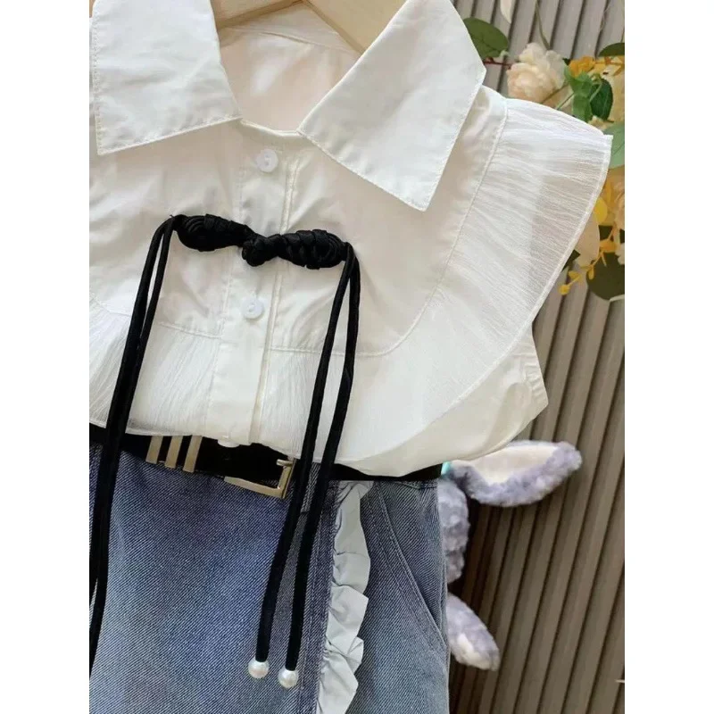 Girl Princess Style Set 2024 Summer New Baby Girl Flying Sleeve Shirt+Cowboy Lace Skirts 2PCSChildren Clothing Sets