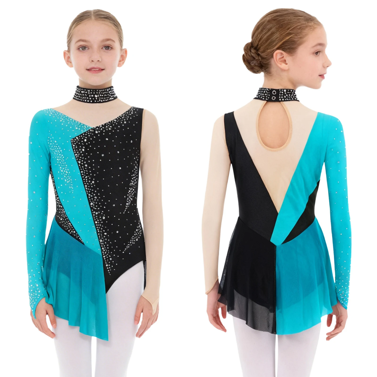 

Girls Figure Skating Dance Dress Rhythmic Gymnastics Ballet Leotard Sparkly Rhinestone Sheer Mesh Patchwork Long Sleeve Bodysuit