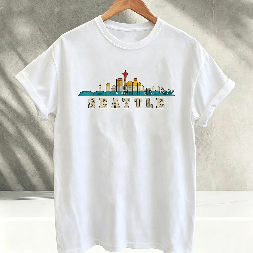 Vintage Seattle City Skyline Space Needle Retro Distressed Graphic T‑Shirt Classic Urban Cityscape Travel Souvenir Cotton Tees