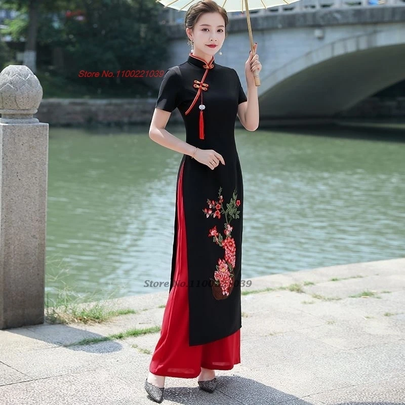 2024 traditional vietnam aodai dress+pants set flower embroidery dress ao dai improved qipao dress elegant banquet party dress