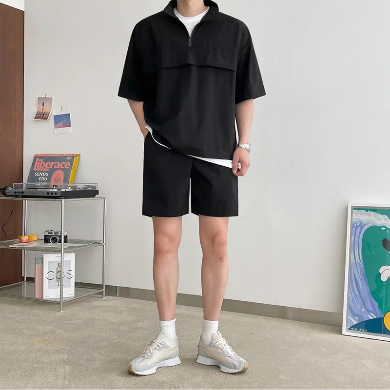 Lapel Jacket Jacket Jacket Men's Summer Korean Version Trend Loose Fitting Short Sleeved Shorts Casual Two-piece Set