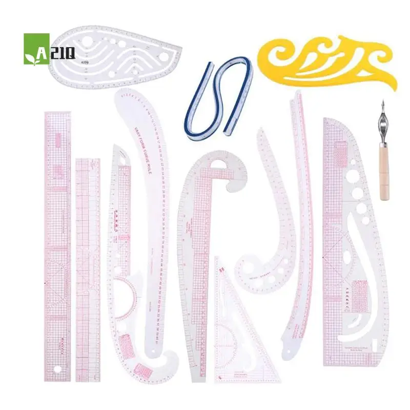 

A21Q-13 шт., линейка для шитья, французская кривая линейка, набор ковриков для резки, рукав для газовой палочки, французский кривый режущий нож, линейка, швейный инструмент