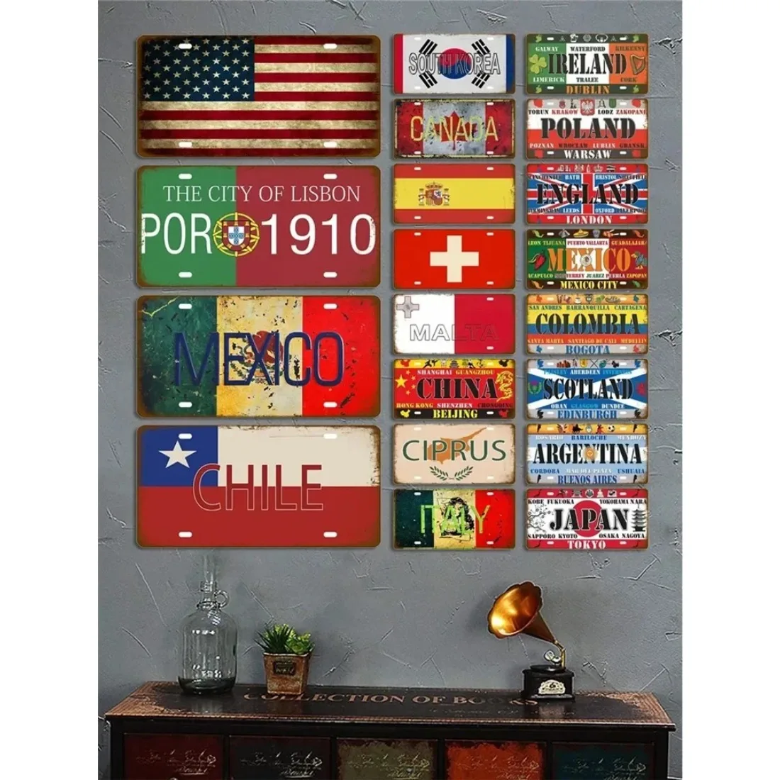 لوحة تين تسجيل فرنسا روسيا إسبانيا علامة معدنية ألمانيا الولايات المتحدة الأمريكية علم الدولة لوحة ترخيص لجدار المنزل مطعم الحرفية ديكور