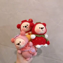 Strawberry Bear Pink Wool Crochet Knitted Bear, Cute Woolen Doll, DIY Material Bag, Keychain Pendant