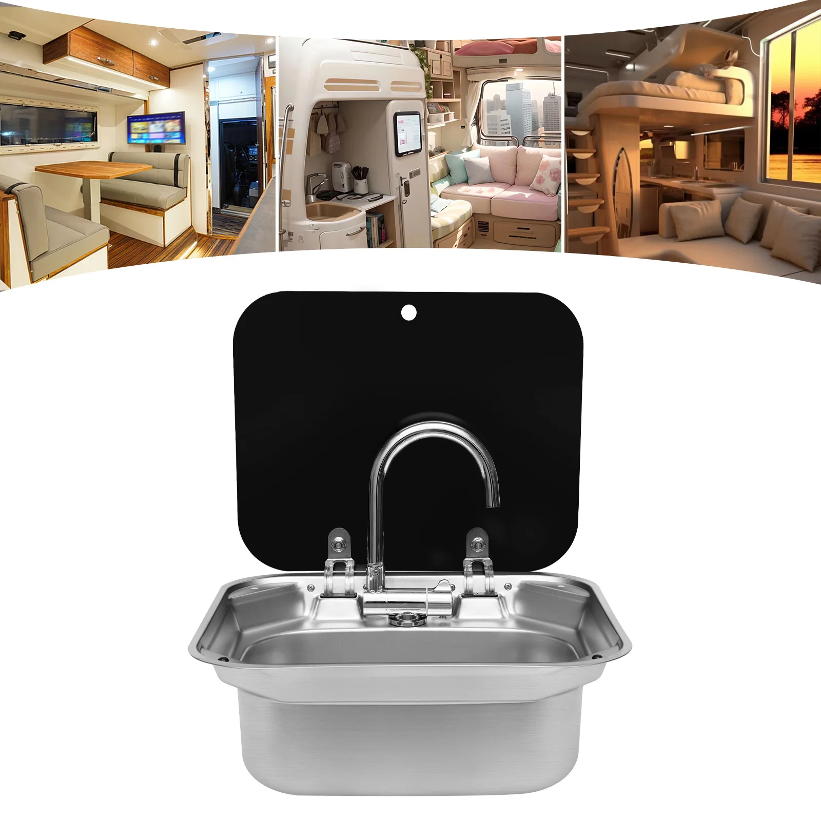 

RV Sink with Lid 41x36.5cm/16.14x14.37inch Stainless Steel Sink with Hot and Cold Water Faucet Foldable, with Pipes