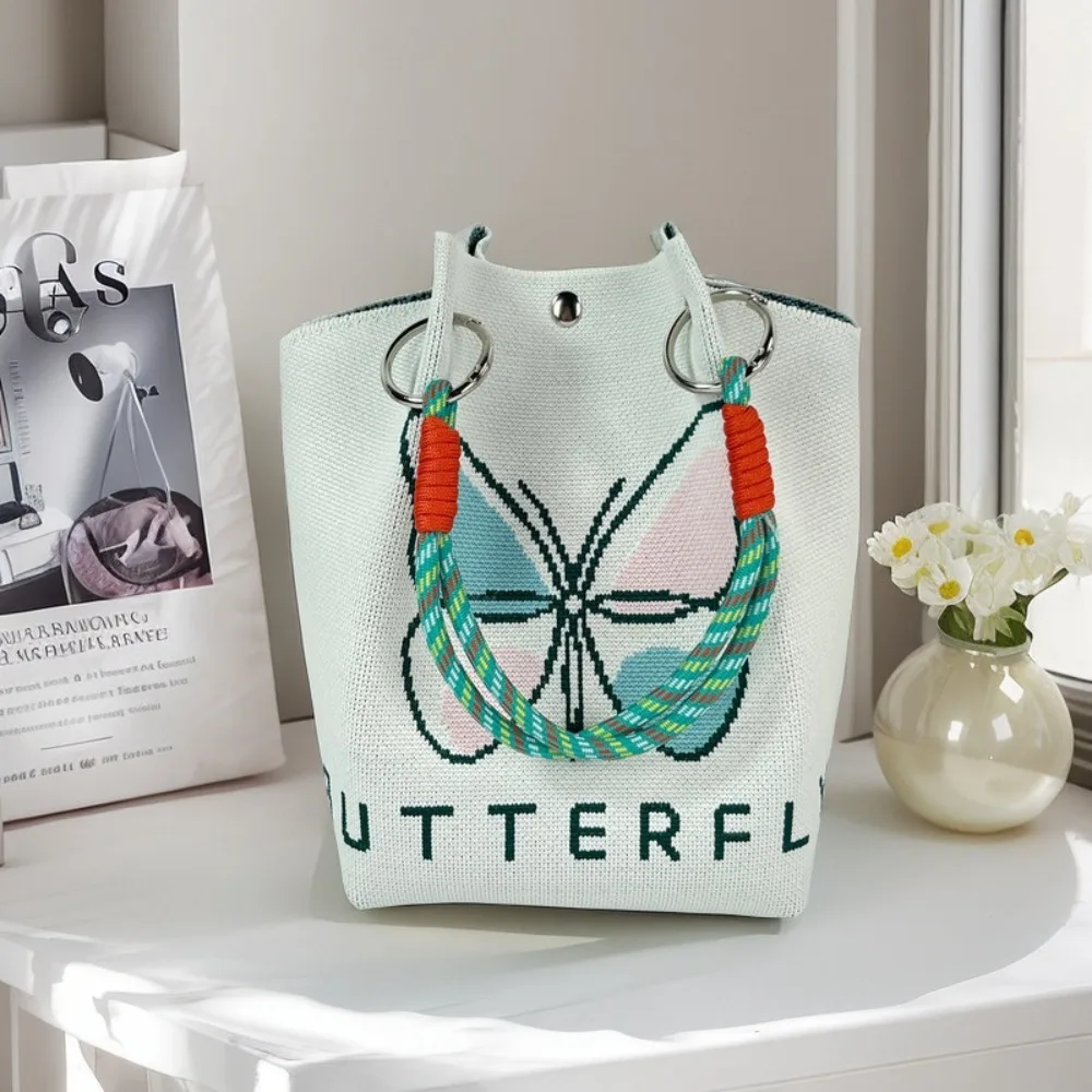 

Casual Portable Knitted Wrist Bag Butterfly Purse Floral Knit Handbag Printed Trendy Weave Bucket Bag Commuting
