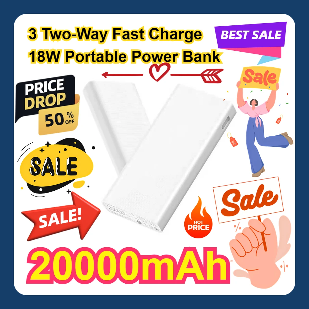 

3 Two-Way Fast Charge 18W Portable Power Bank For iphone Xiaomi 20000mAh PowerBank