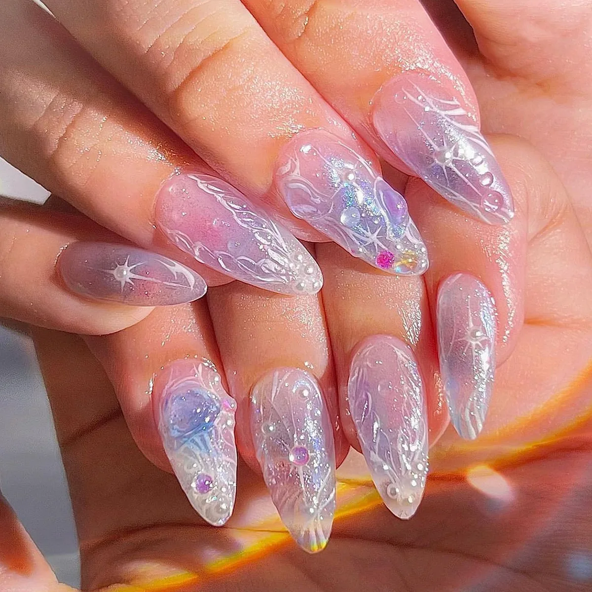 

Purple Spuddy Dream Wear Star Pearl Almond Fake Nail Patch for Natural Look