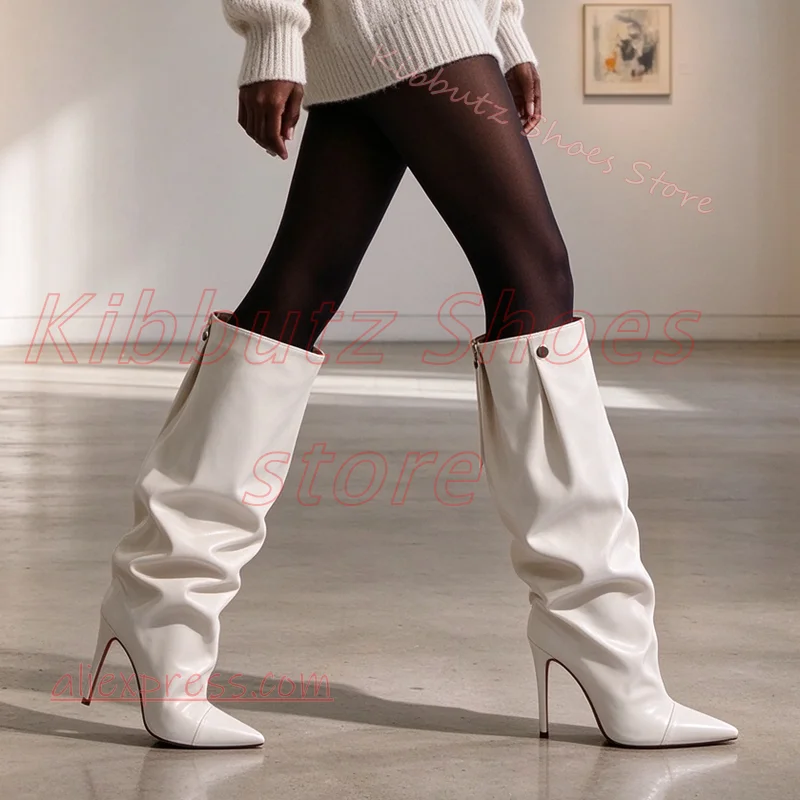Slouch Cuff Knee High Boots Pointed Toe Snap Button Ruched Shaft Minimal Evening Footwear Party Daily Street Shoes Leather Sexy