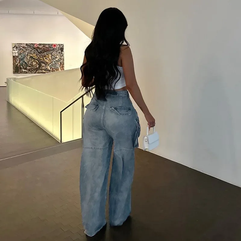 Pantalones vaqueros Cargo para mujer, pantalones vaqueros con lavado de cintura alta, bolsillos holgados, pantalones básicos de longitud completa, Color sólido, elásticos ligeros