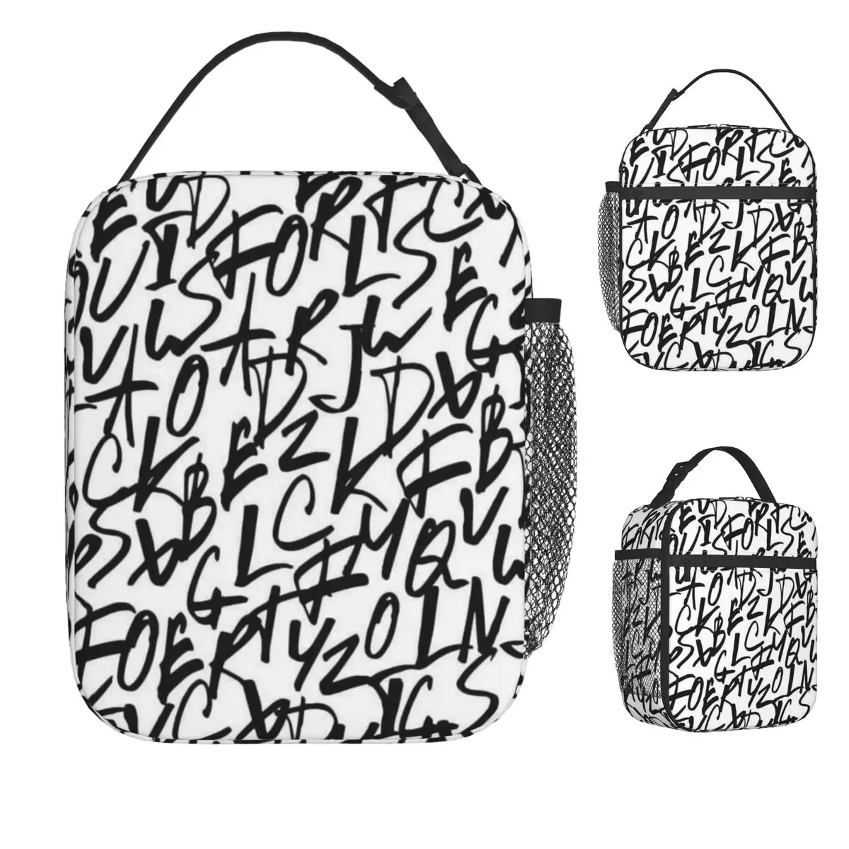Seamless Alphabet Handwritten Lunch Bag For Adult Lunch Box Fun Picnic Cooler Bag Portable Waterproof Tote Food Bags