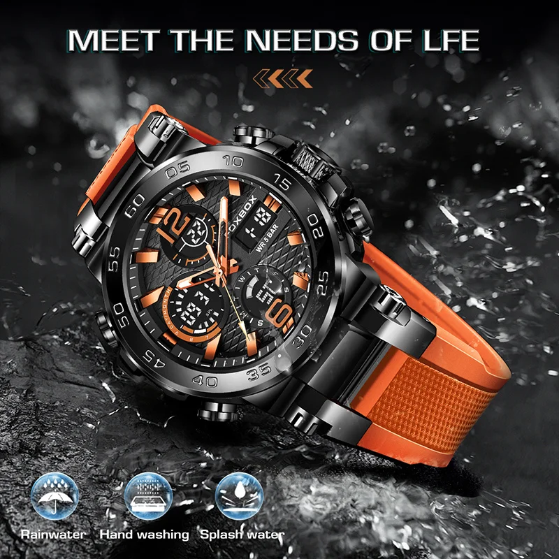 FOXBOX ファッションメンズ腕時計デュアルディスプレイミリタリースポーツマン腕時計デジタル LED 発光カレンダー防水クォーツ時計男性用