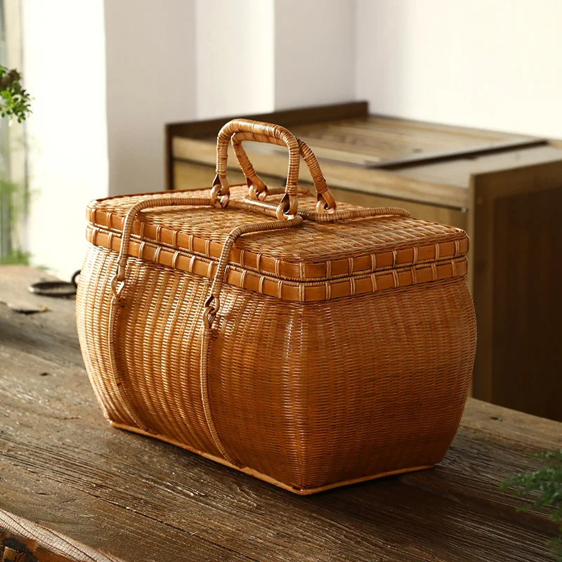 BP1 Vintage Tea Set Storage Box, Handmade Bamboo Woven Basket, Rattan Tea Case for Travel, Japanese Style Tea Holder