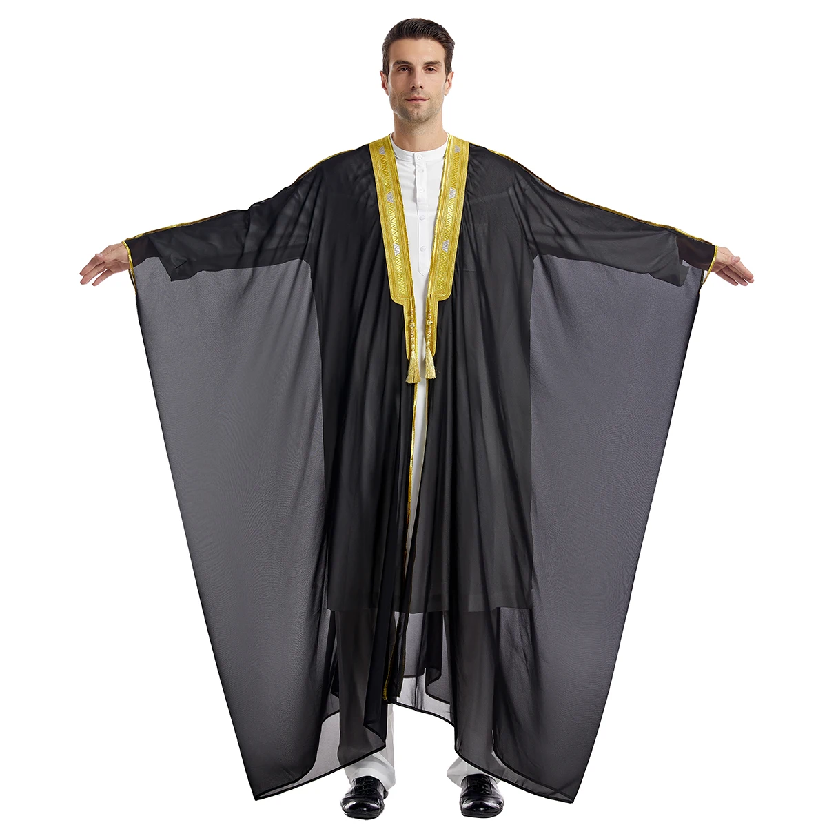 Muslim Men's Long Sleeves Embroidery Ankle Length Cardigan Robe Chiffion Islamic Tassel KaftanTH34
