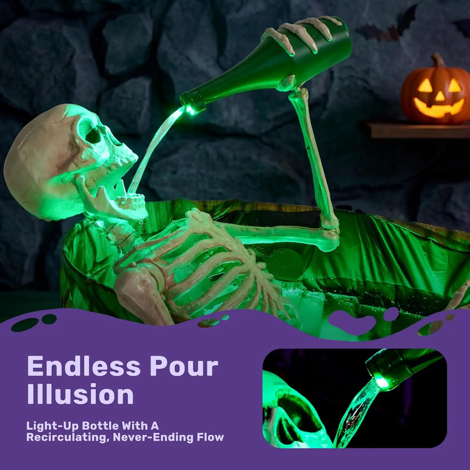 Halloween Outdoor Decoration, 5ft Life-Size Animatronic Drinking Skeleton Haunted Prop with Endless Liquid Pouring Effect, Green LED Lights and Spooky Sounds for Garden Yard Lawn 5
