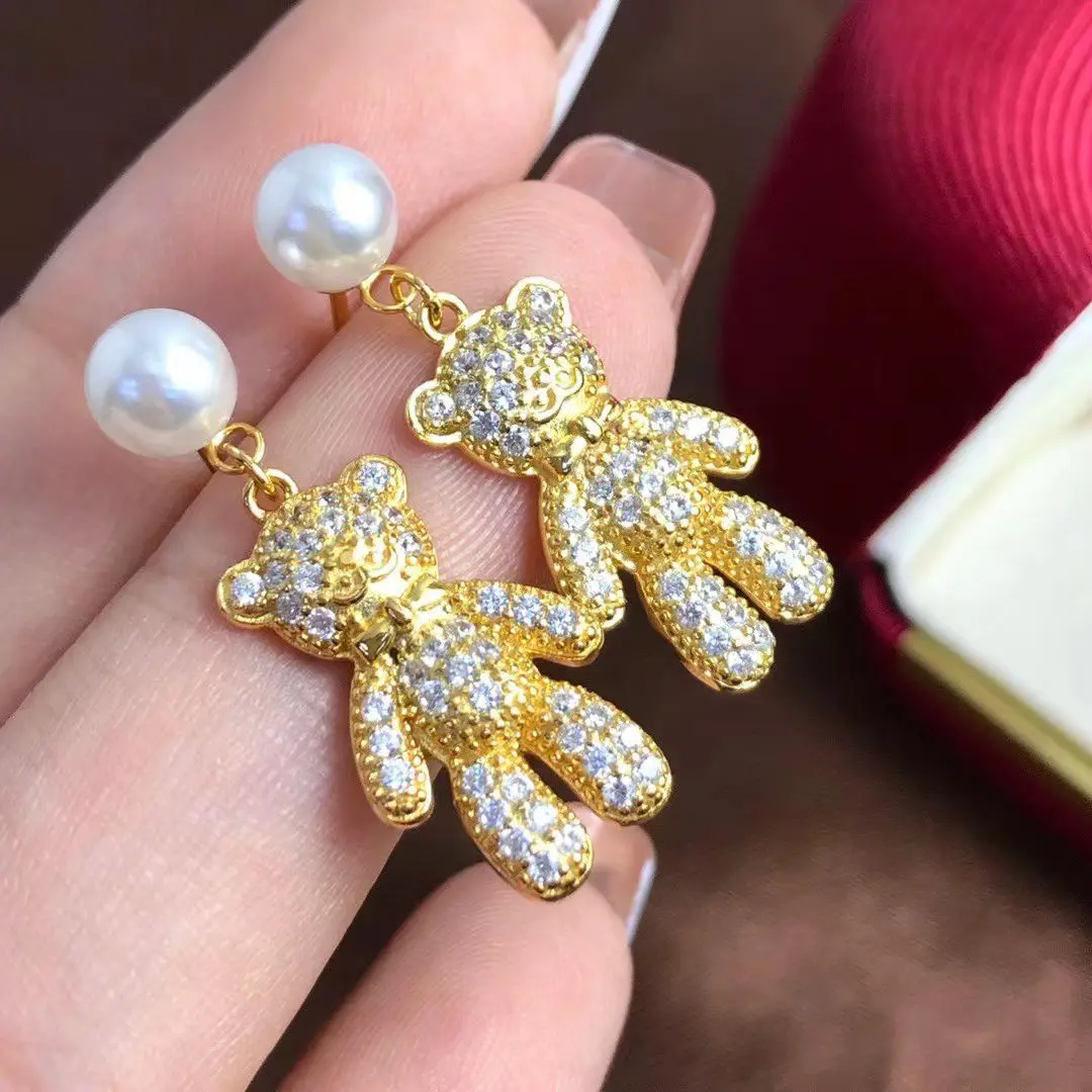 Bear Shape S925 Sterling Silver Earrings Mount Findings Settings Base Mounting Parts Accessory for 5-6mm Pearls 5 pairs/lot