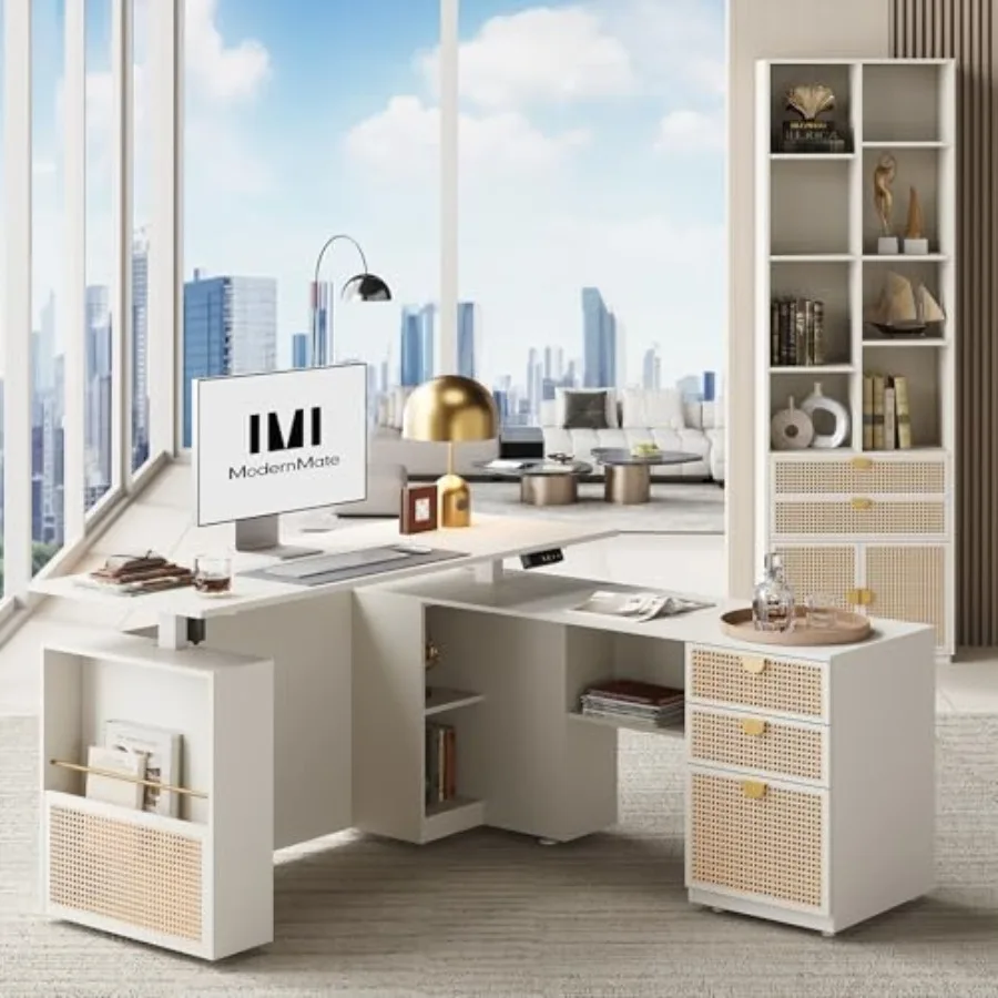 

Home Office Furniture Sets, 63" L Shaped Standing Desk with Drawers, Height Adjustable Electric Executive Office Desk with 73"