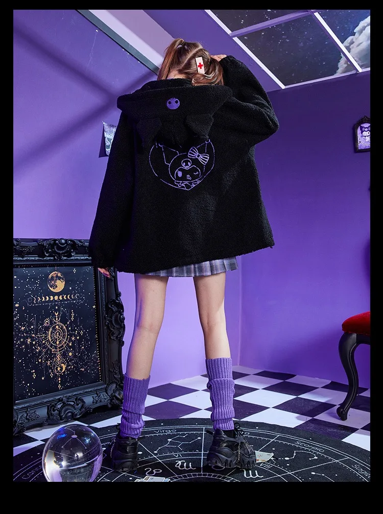 Sanrio Anime Kuromi Kleidung Frauen Schwarz Stickerei Hoodies Y2k Tops Herbst Winter Dünne Mantel Weibliche Mode Lose Sweatshirt – Detail 10