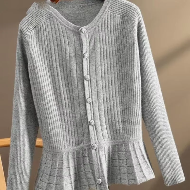 Cárdigan de cintura ajustada de Color liso para Mujer, abrigo, ropa para Mujer, suéter informal con cuello redondo, Tops tejidos a la moda, 2025