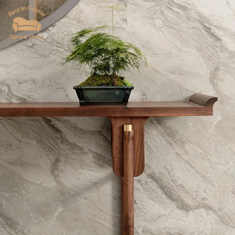 New Chinese-style entrance platform Solid wood warping head Zhongtang black walnut entry table End view platform