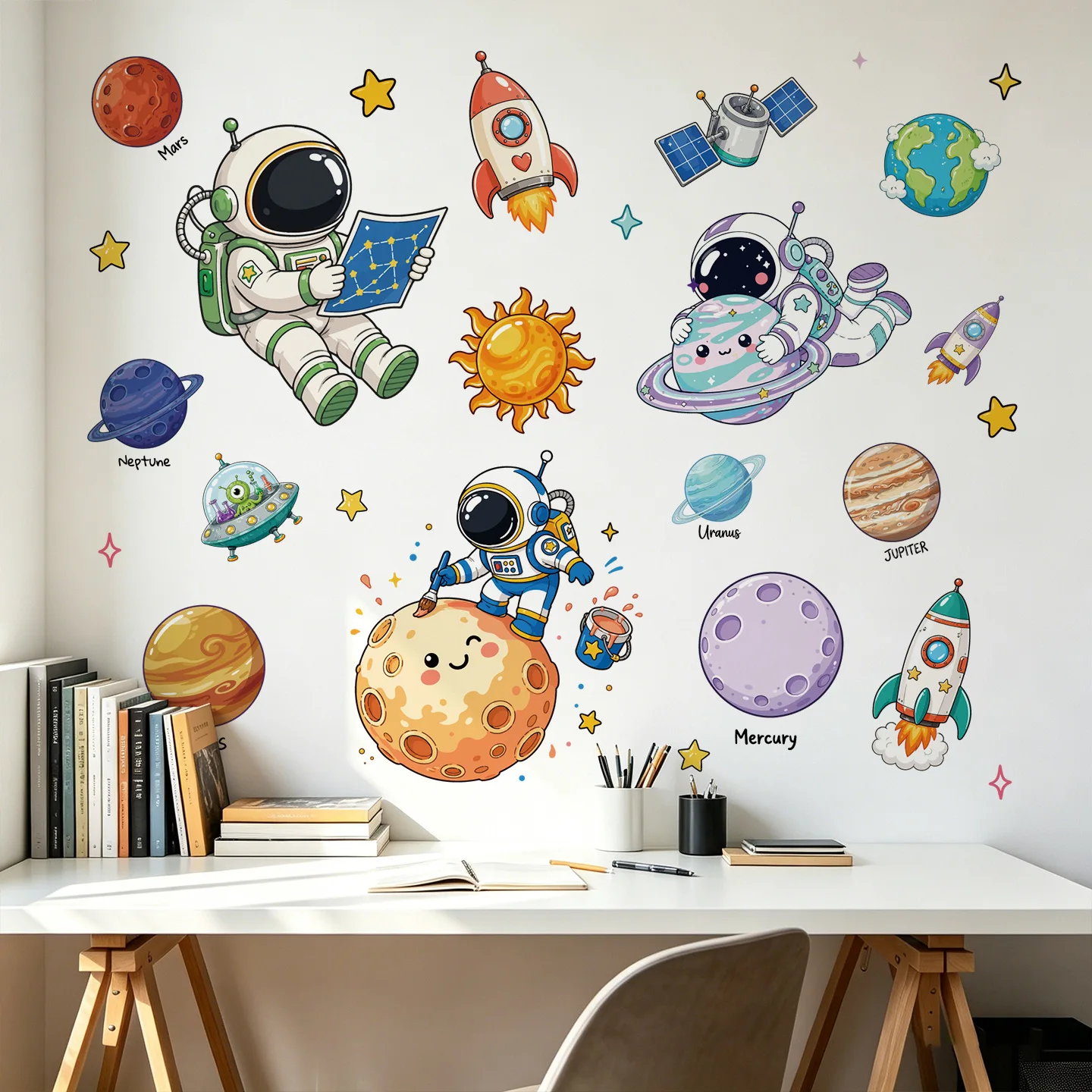Creative Space Planet Astronaut Wall Stickers For Children's Room Kids Bedroom Baby Room Background Detachable Home Decoration