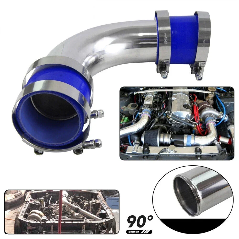 51 63 76mm Universal Cold Air Intake Pipe Tube 90 Degrees Aluminum Racing Car Turbo High Flow 2pcs Silicone Hose Coupler Clamp