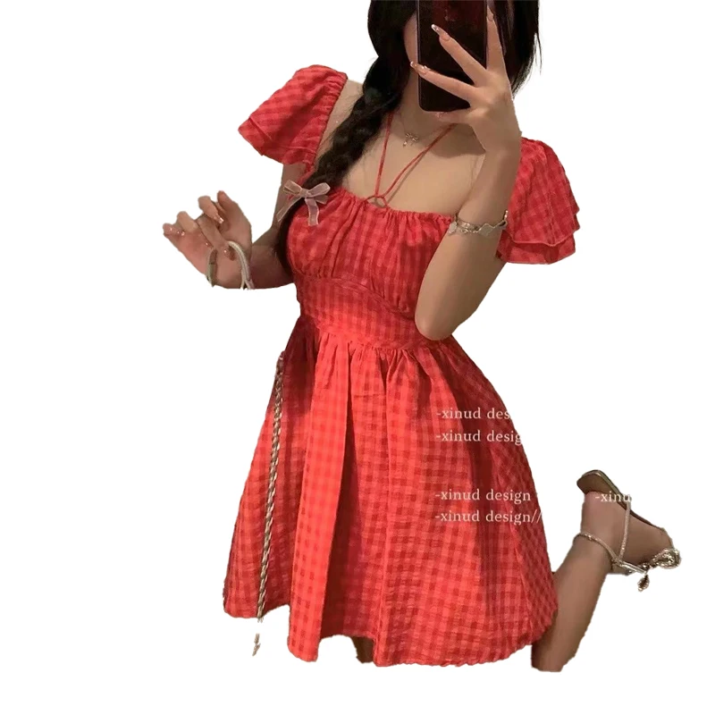 Vestidos de manga curta das mulheres nos anos 50 primavera gaze frisado em camadas puff manga império cintura fofo mori menina cottagecore elegante