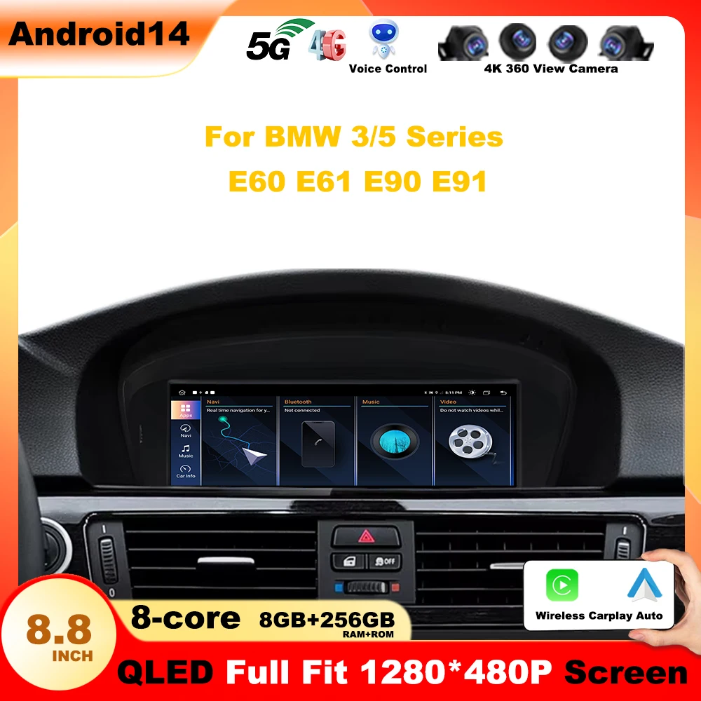 Android Auto CarPlay For BMW 3/5 Series E60 E61 E90 E91 CCC CIC Car Video Players Multimedia Screen GPS 2024 New ID6 ID7 ID8 4G