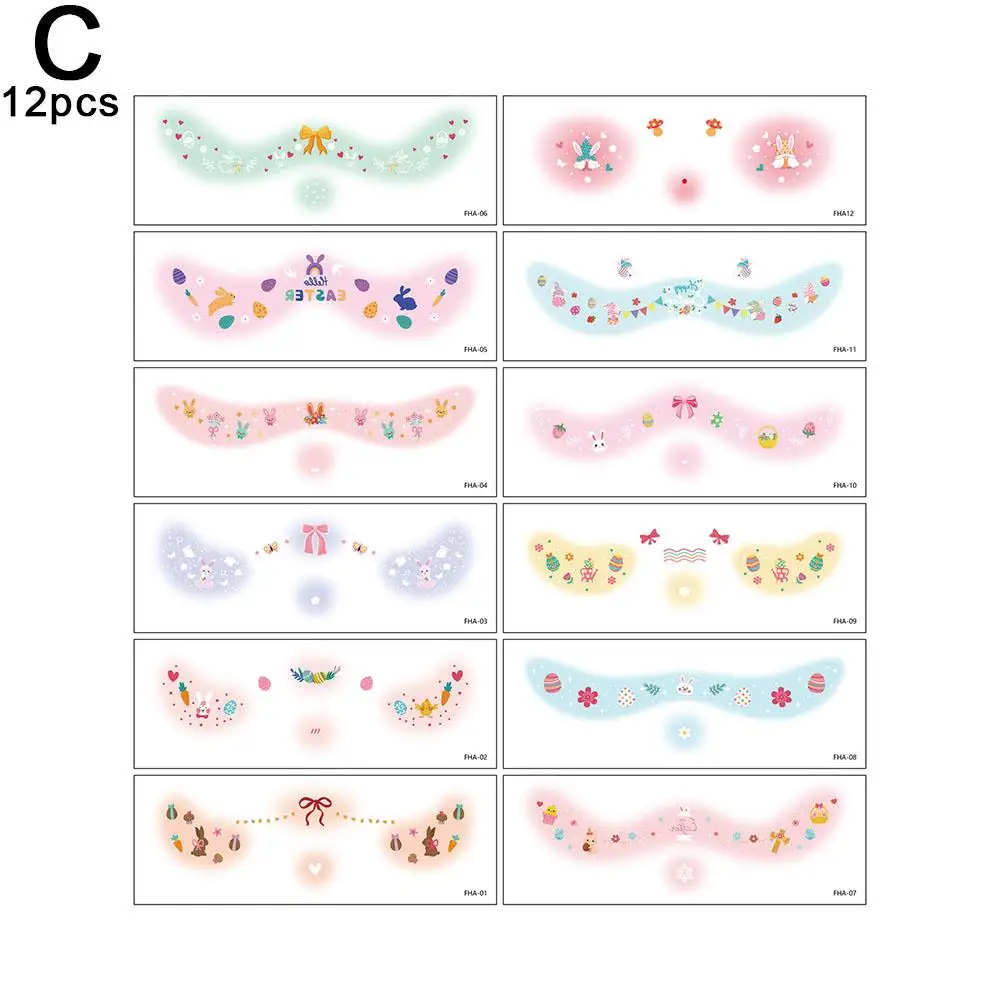 Pegatinas de maquillaje para la cara, pegatinas de tatuaje temporal para Año Nuevo, cumpleaños, música, pegatinas para el cuerpo y la cara, 12 Uds. De parches Q9e0