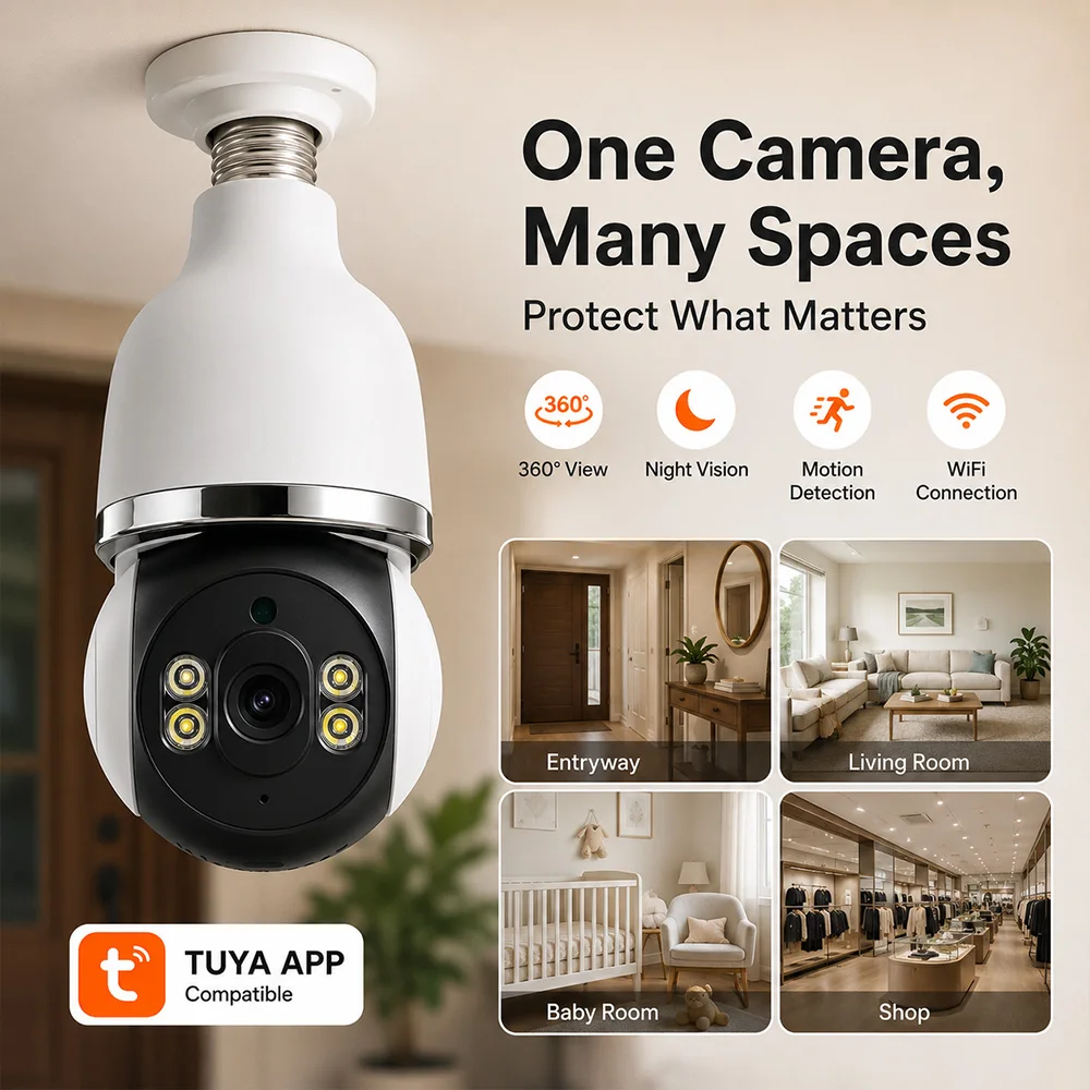 Tuya 2MP HD E27 Light Bulb Security Camera WiFi Wireless 360 Pan Tilt Night Vision Motion Detection Two Way Audio Home IP Camera