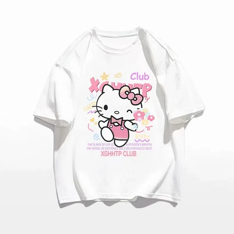 2024 Hello Kitty Sanrio T-shirt Kawaii Cartoon Print Cotton Tops O-neck Oversized Shirts Streetwear Splicing Top Women Clothing