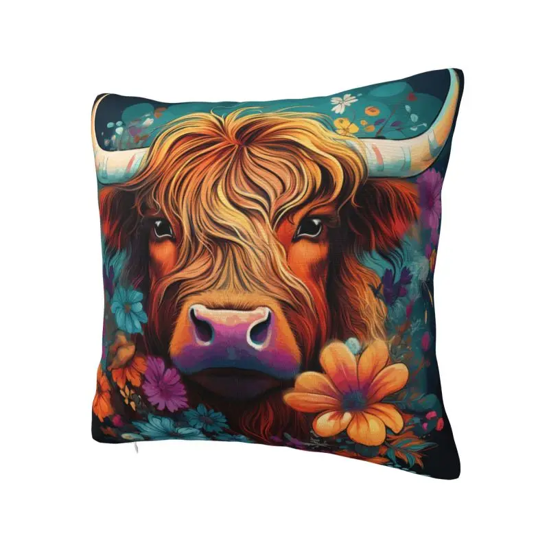 Highland Cow And Flower Cushion Cover 40x40 cm Polyester Velvet Throw Pillow Case For Sofa Chair Decoration Bedding Pillowslip