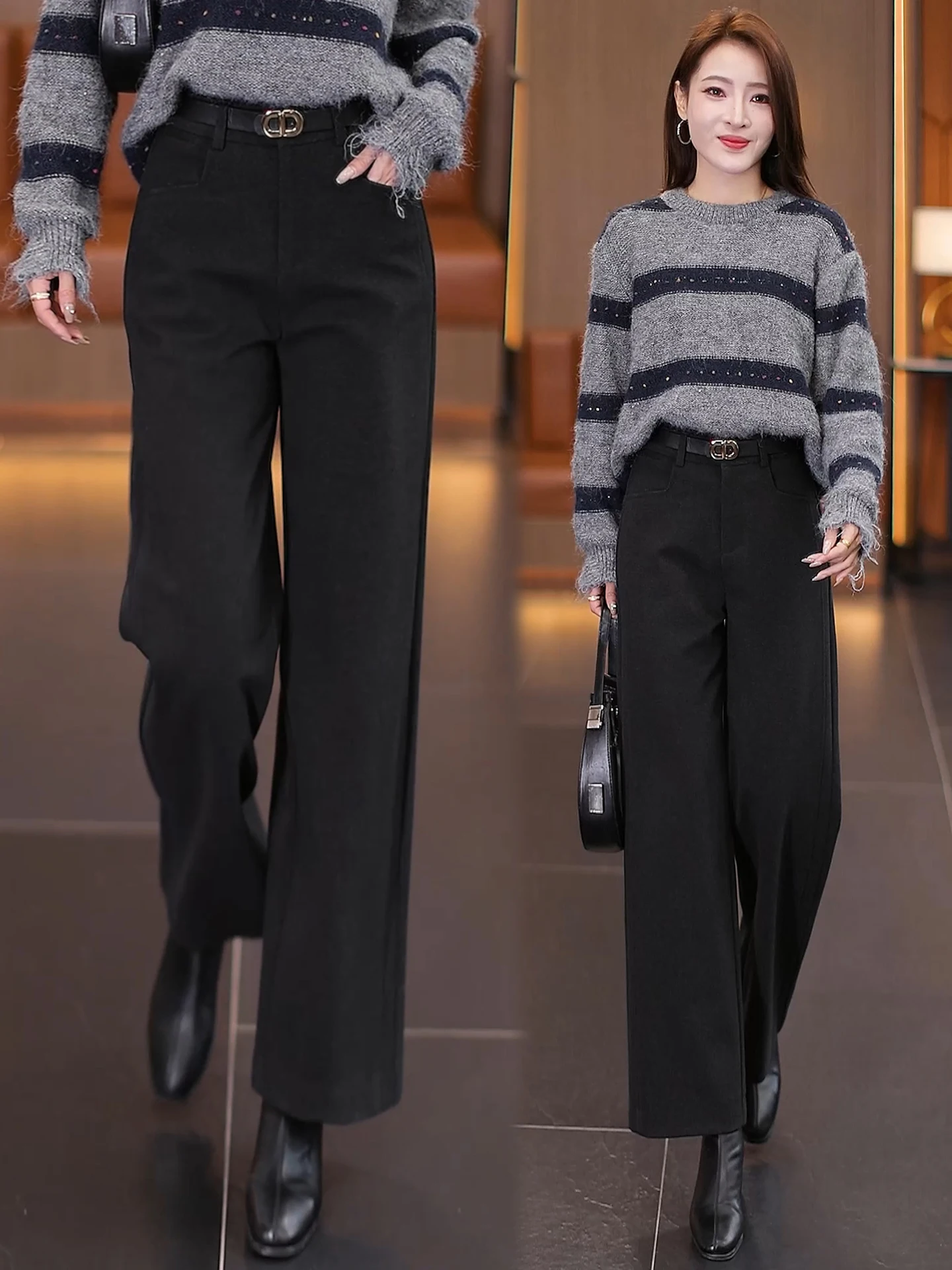 

Женские брюки с высокой талией, облегающие, на флисовой подкладке, из шерсти, широкие, прямого кроя, повседневные, осенне-зимние, новый стиль, для офиса